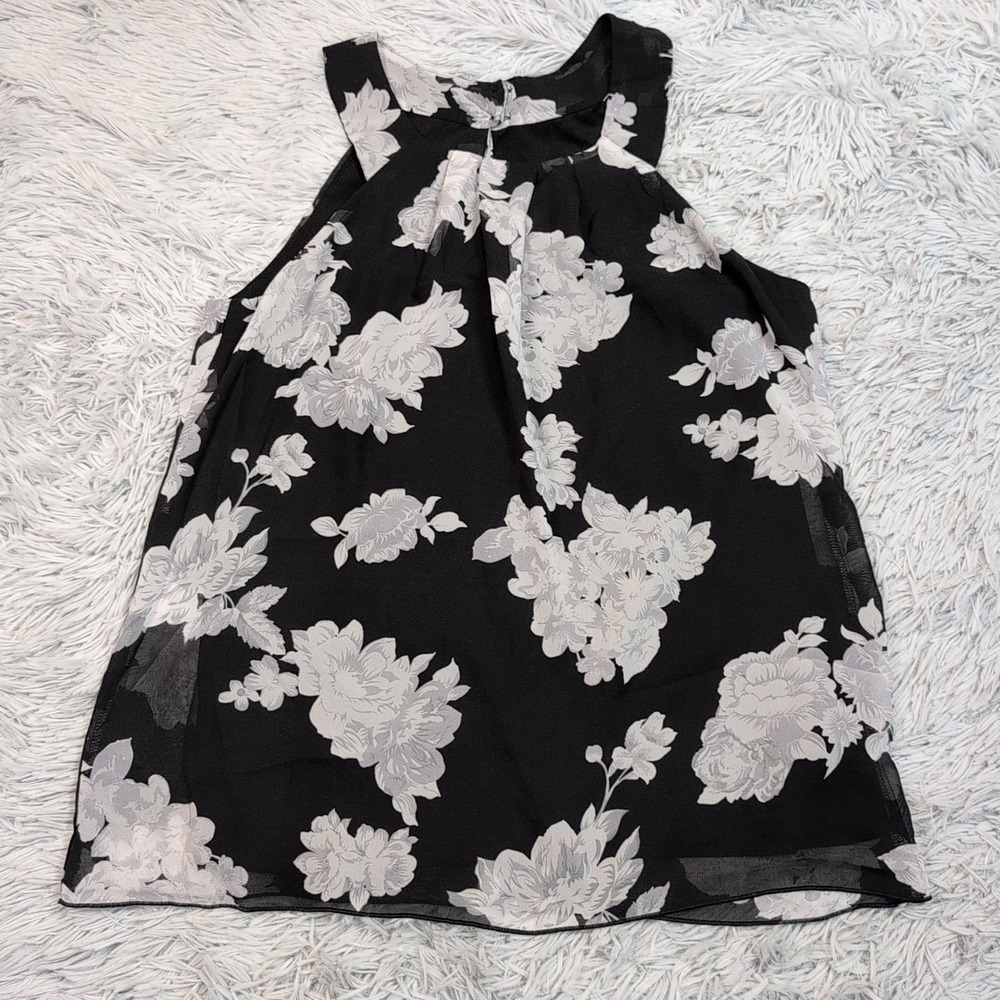 IZ Byer Shirt Womens L Black Top Comfy Casual Floral Blouse Sleeveless Preppy‎